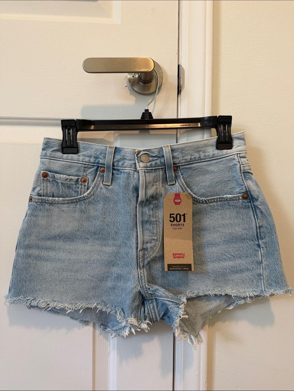 Levi's 501 Light Blue Frayed Hem Denim Shorts